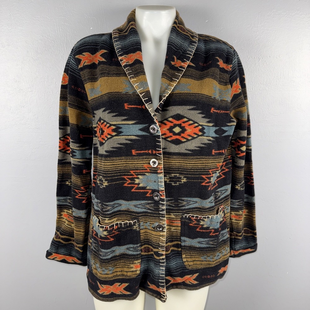 Bit & Bridle Southwest Aztec Blanket Jacket Cardigan Women's L Shawl Collar